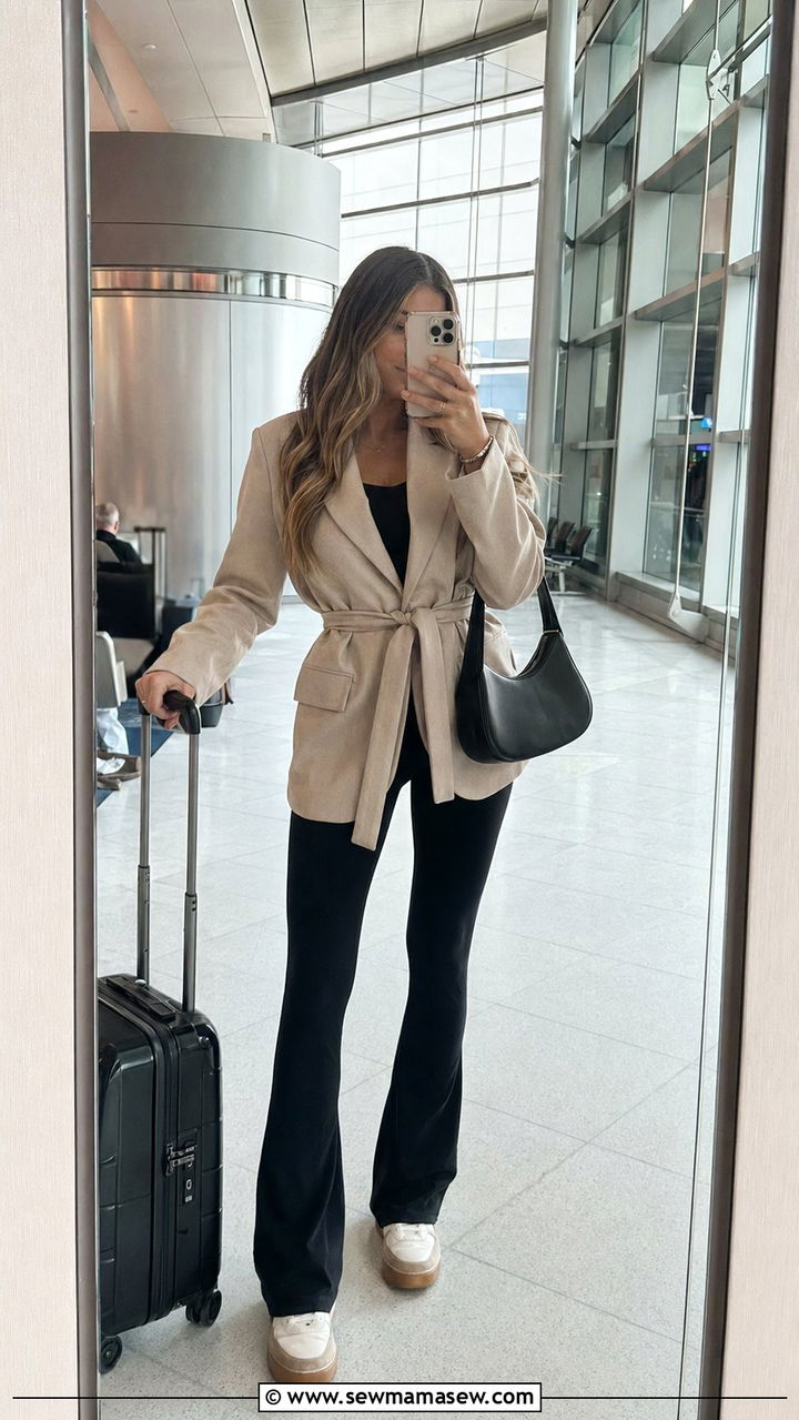 Belted blazer with flared leggings and platform sneakers - 30 Airport outfit ideas with a blazer