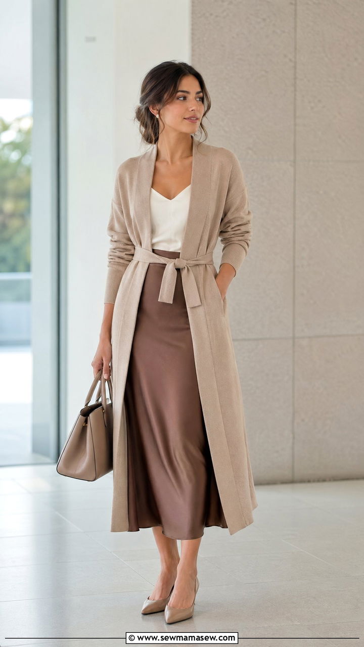 Belted cardigan with slip skirt - 35 spring smart casual outfit ideas