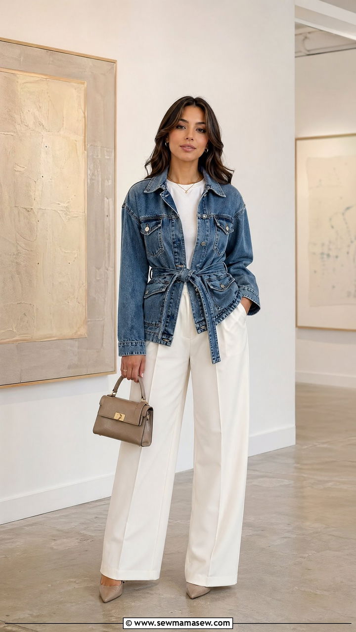 Belted denim jacket with wide leg pants - 35 denim jacket outfit ideas for women