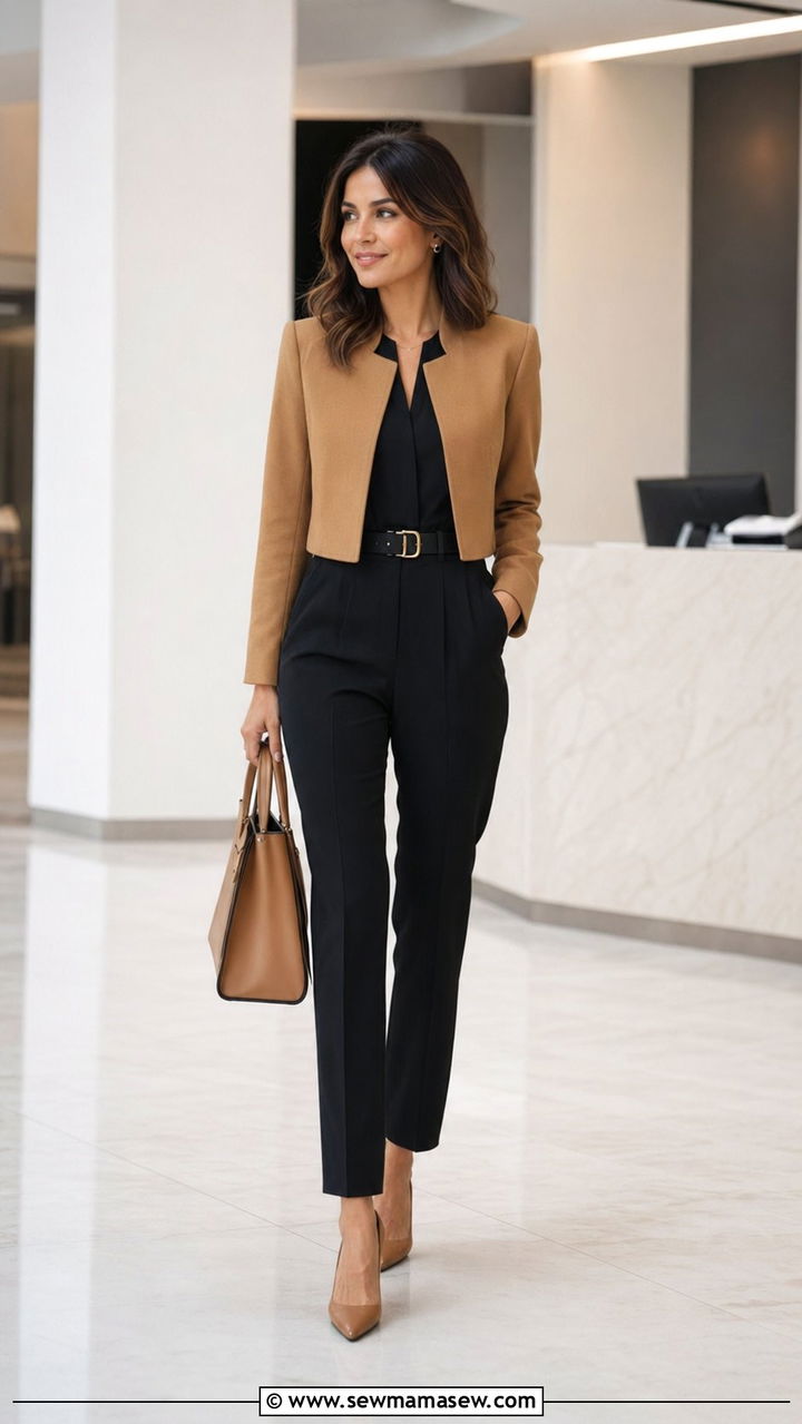 Belted jumpsuit with a cropped structured jacket - 30 work outfits for short women