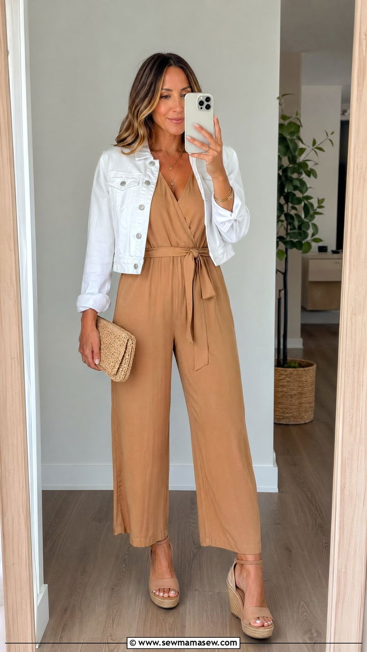 Belted jumpsuit with cropped denim jacket - 35 spring outfits for new moms