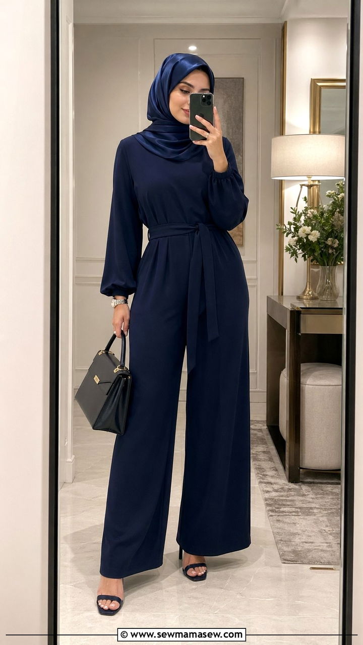 Belted jumpsuit with structured handbag - 35 Modest outfit ideas for Muslim women