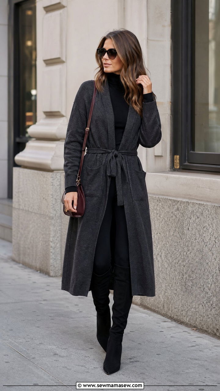 Belted long cardigan with leggings and knee high boots - 35 Sweater weather outfit ideas
