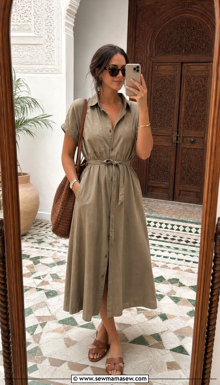 Belted midi shirtdress with leather sandals - 35 Morocco vacation outfit ideas