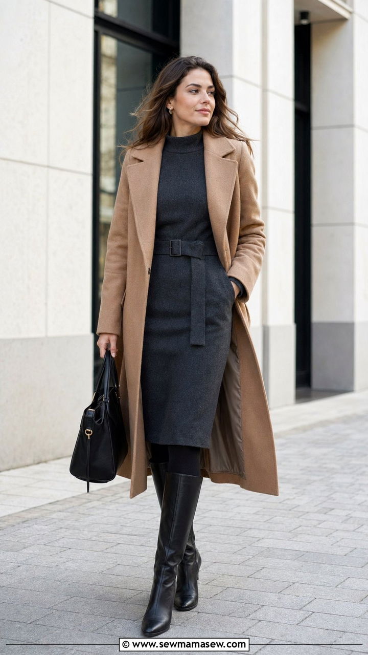 Belted midi wool dress with tall leather boots - 35 Modest outfit ideas for office