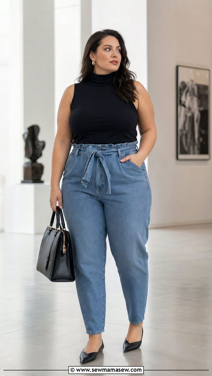 Belted paperbag waist jeans with a sleek sleeveless turtleneck and pointed toe flats - 30 Best jeans for plus size