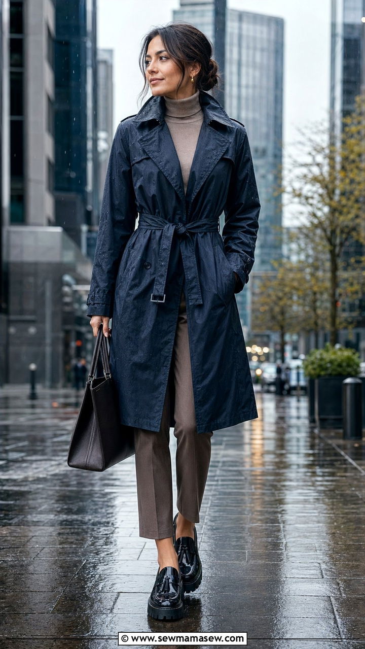 Belted raincoat with tailored trousers and loafers - 35 rainy day outfits for women