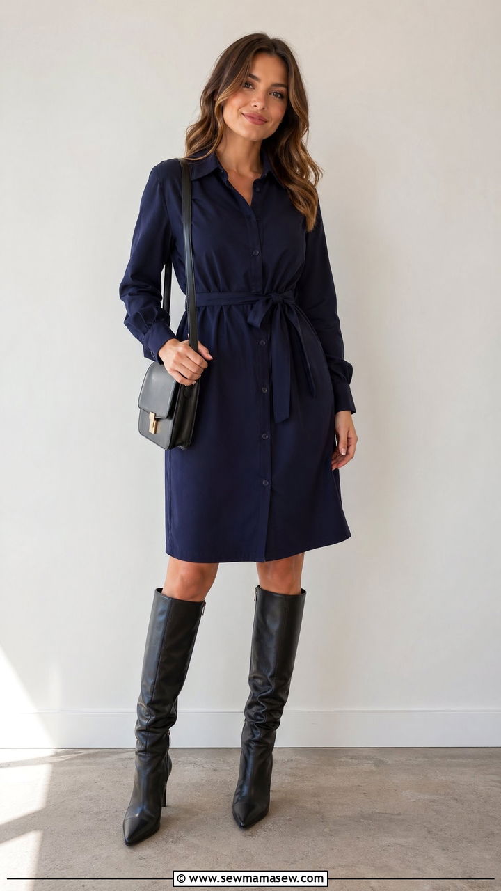 Belted shirt dress and knee high boots work outfit for women - 35 work outfits for women