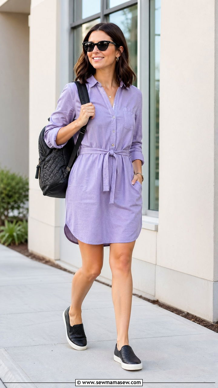 Belted shirt dress with sunglasses and backpack - 35 spring outfits for new moms