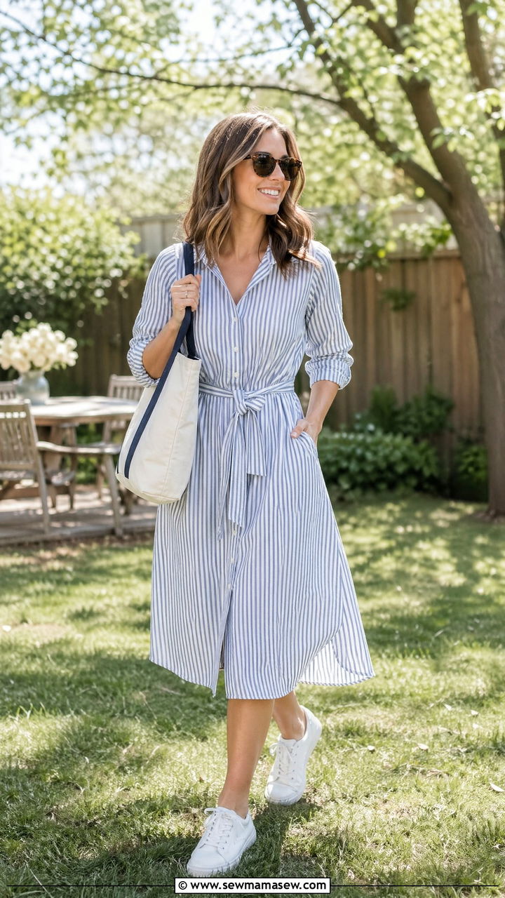 Belted shirt dress with white sneakers - 35 spring engagement party outfit ideas