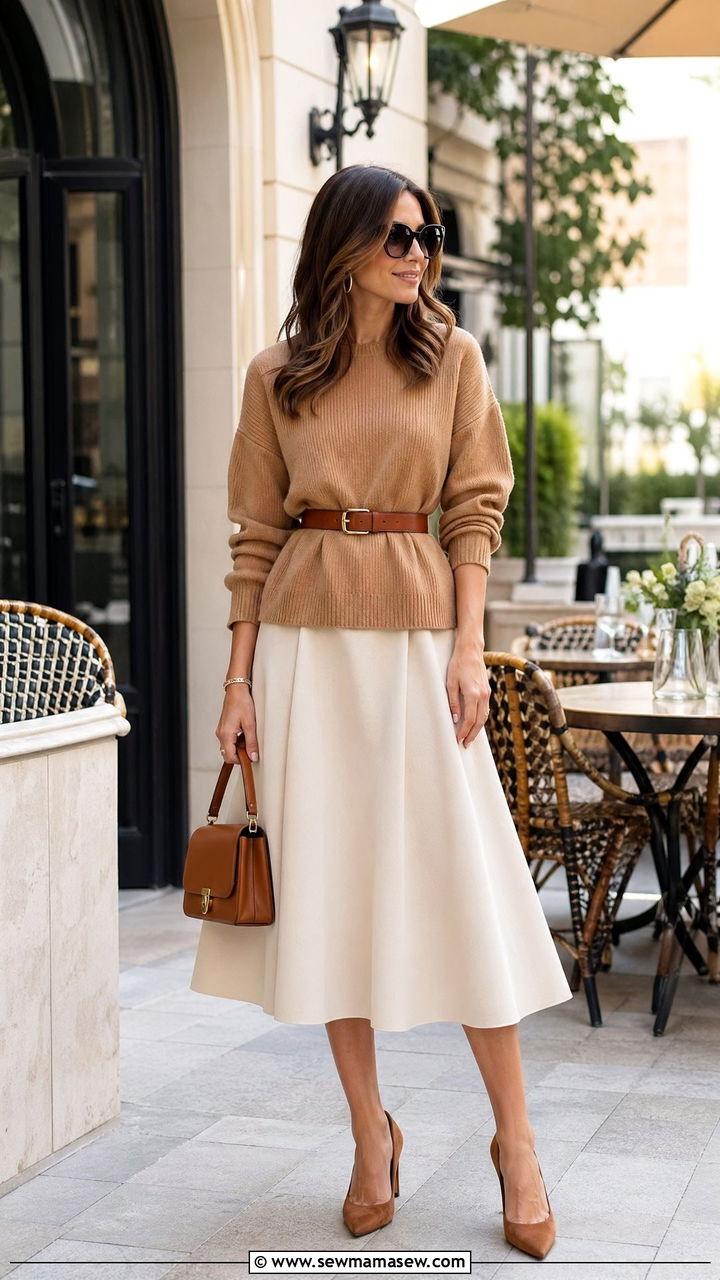 Belted sweater with A line midi skirt - 35 Sweater skirt outfit ideas