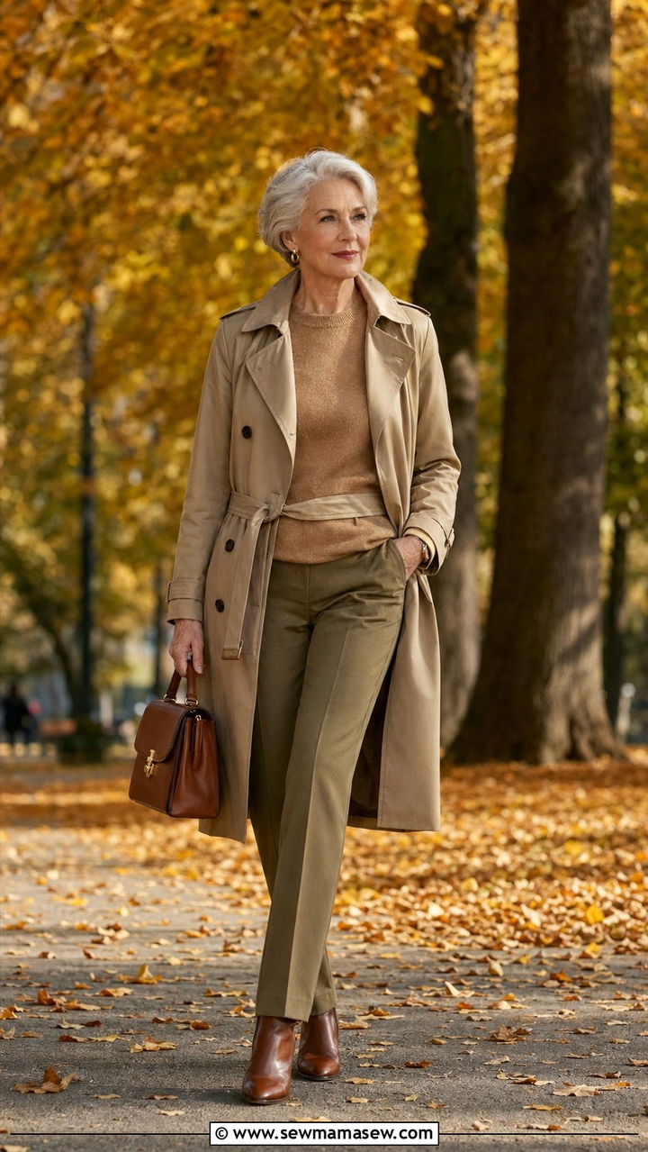 Belted trench coat with a cashmere crewneck and straight leg pants - 35 Old money outfit ideas for women over 60
