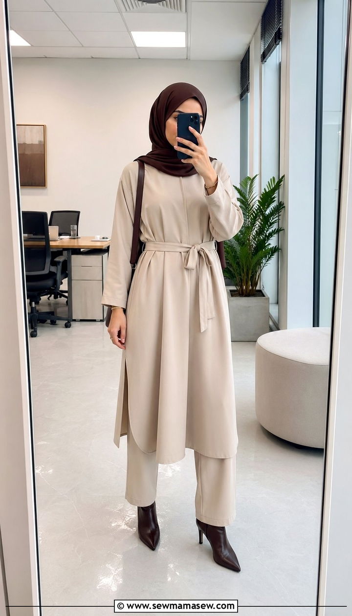 Belted tunic and straight trousers hijab outfit - 35 Modest outfit ideas with hijab