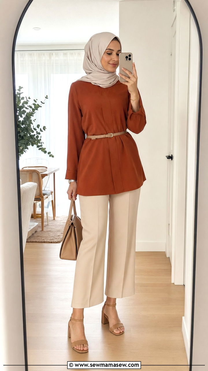 Belted tunic with tailored culottes - 35 Modest outfit ideas for hijabis
