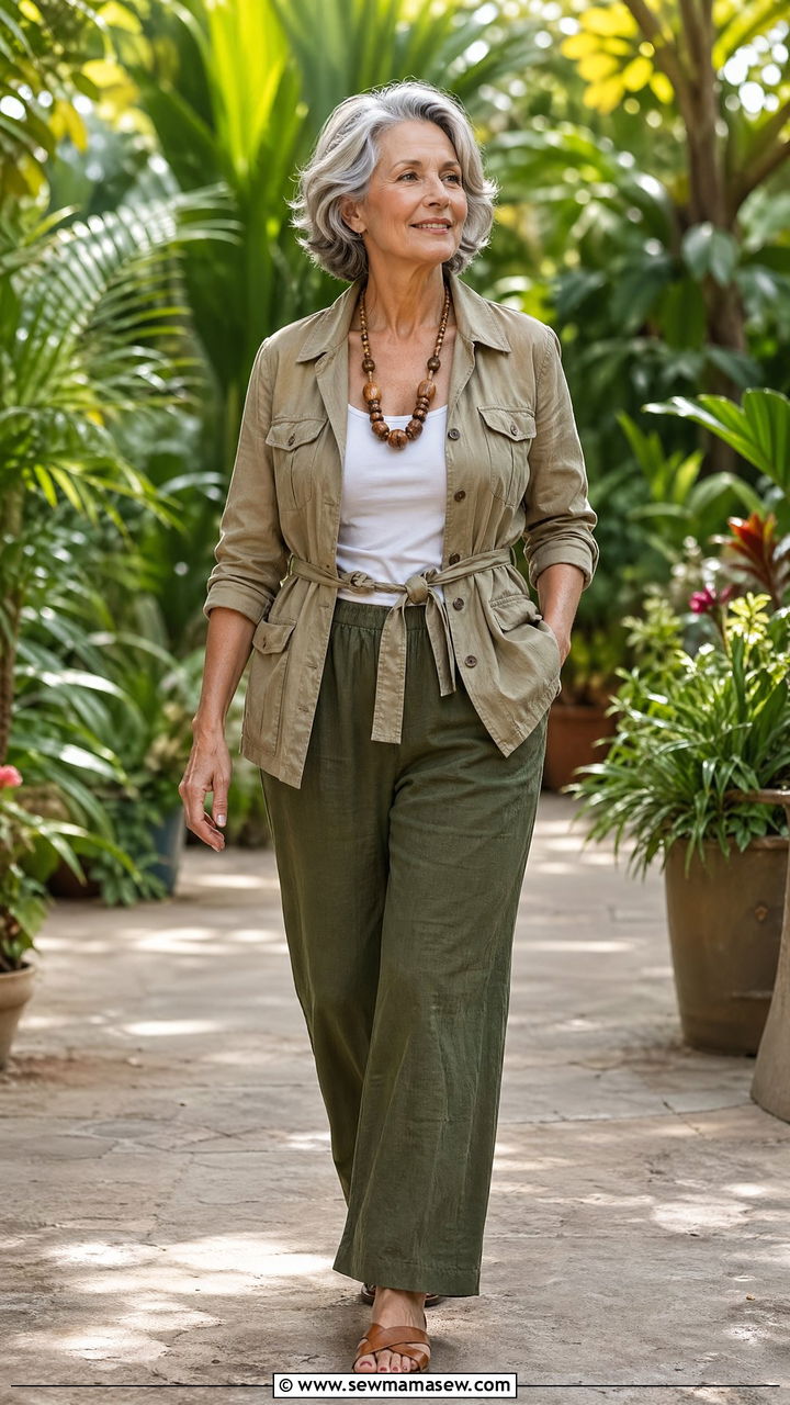 Belted utility jacket with relaxed trousers outfit - 35 Classy outfit ideas for women over 60