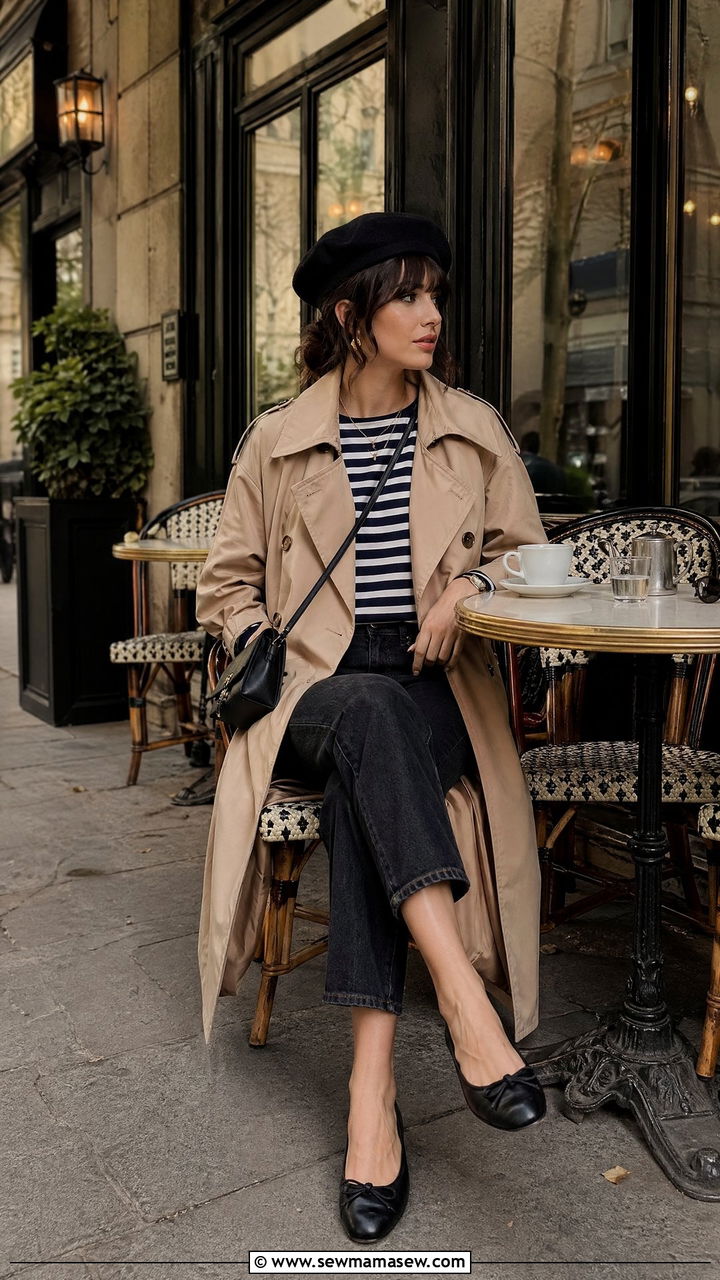 Beret And Trench Outfit With Striped Top And Cropped Jeans - 35 Dark academia outfit ideas