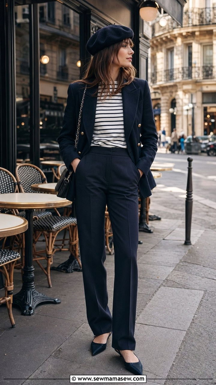 Beret and Tailored Blazer with Breton Top - 35 Paris outfits ideas