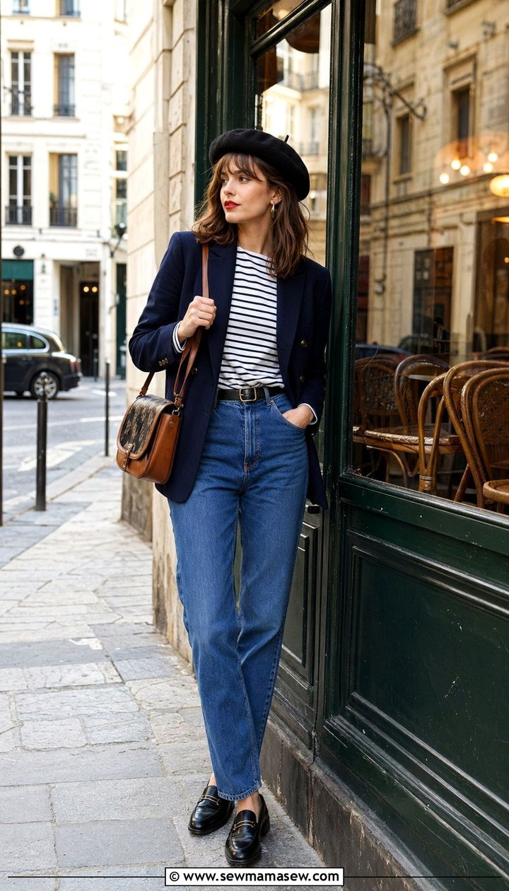 Beret with a tailored blazer and striped top - 35 Parisian cafe outfit ideas