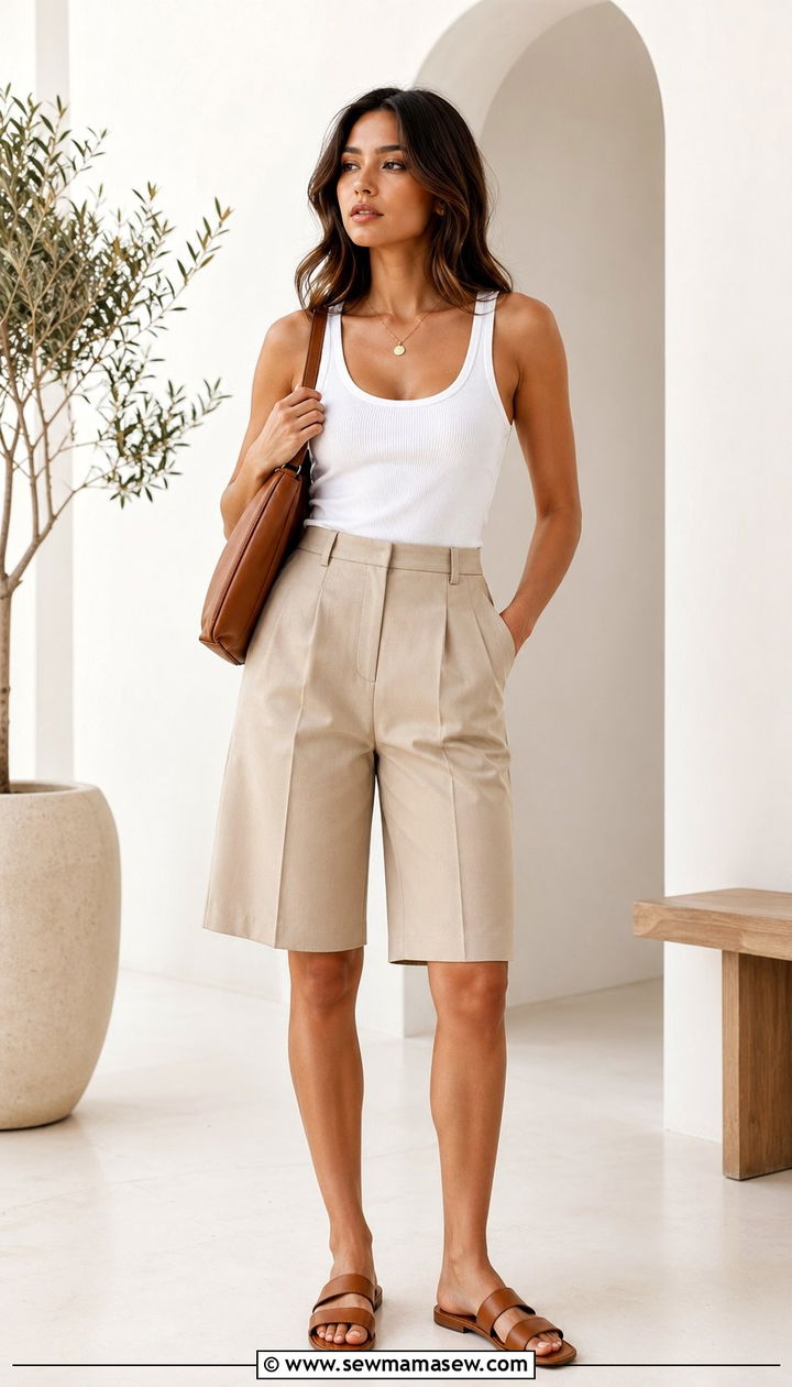 Bermuda Shorts with Ribbed Tank and Slide Sandals - 30 Aesthetic summer outfits