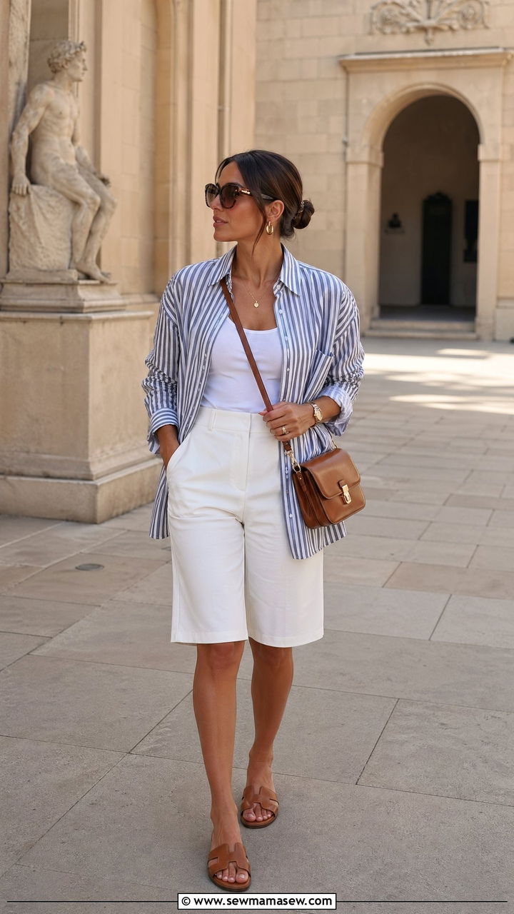 Bermuda Shorts with an Oversized Striped Button Down - 35 summer outfit ideas casual