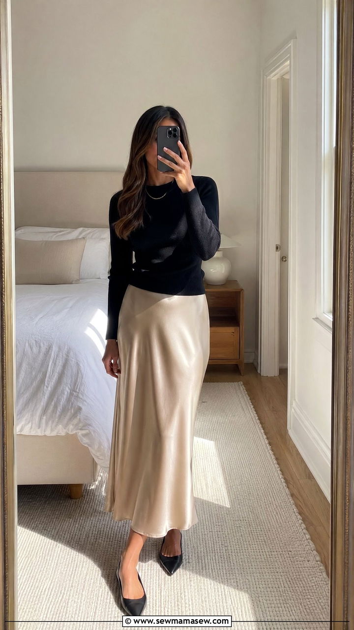 Bias Cut Satin Slip Skirt With Fine Knit Sweater - 35 what to wear to dinner