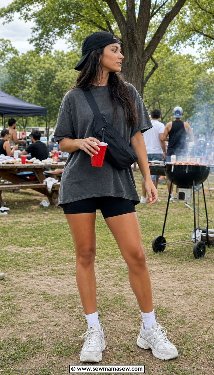 Bike Shorts And Oversized Tee BBQ Outfit - 30 BBQ party outfit ideas