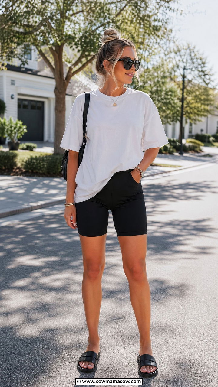 Bike Shorts And Oversized Tee With Slide Sandals - 35 Summer outfits for stay at home moms
