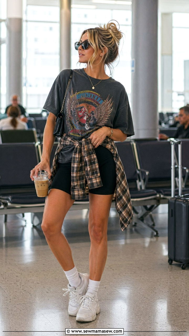 Bike Shorts with Oversized Graphic Tee - 35 Comfy airport outfit ideas