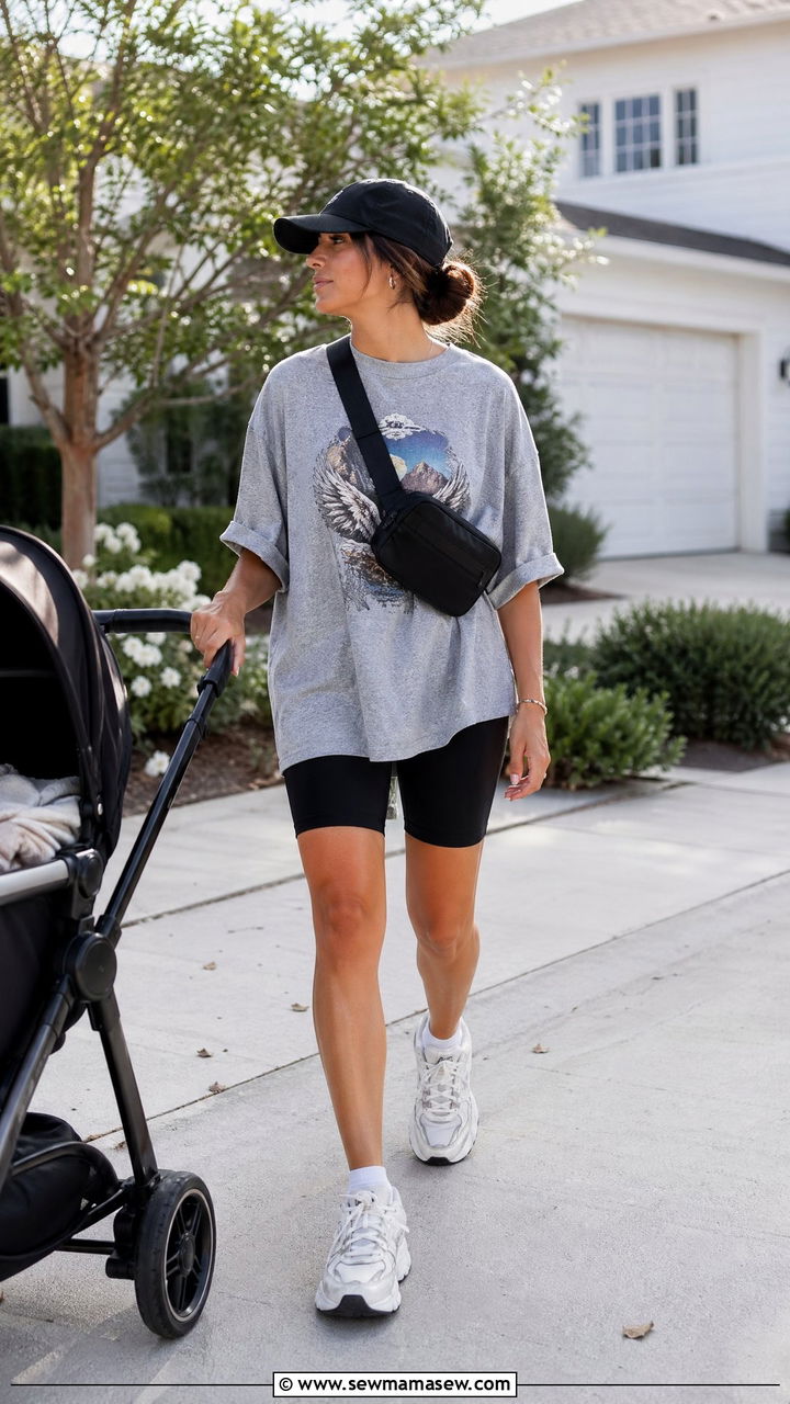 Bike shorts and oversized tee outfit - 35 Casual outfits for moms