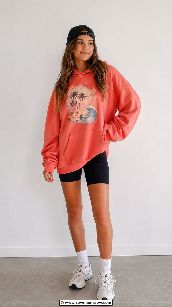 Bike shorts with an oversized graphic hoodie and crew socks - 35 Spring outfits for teens