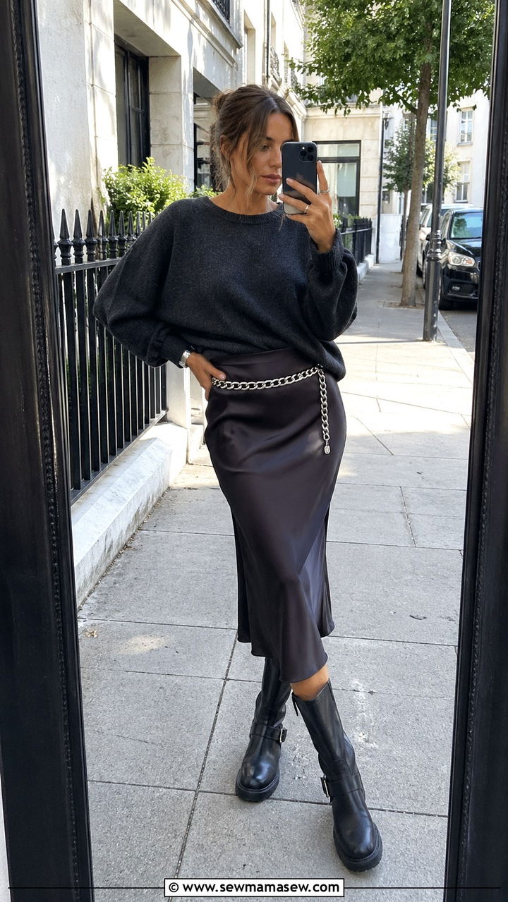 Biker Boots With Slip Skirt and Slouchy Knit - 30 slip skirt outfit ideas for women