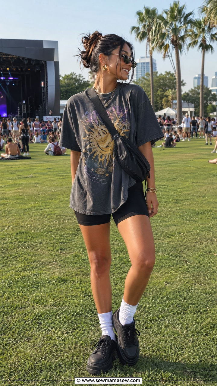 Biker Shorts And Oversized Tee Summer Concert Outfit - 35 summer concert outfit ideas for women