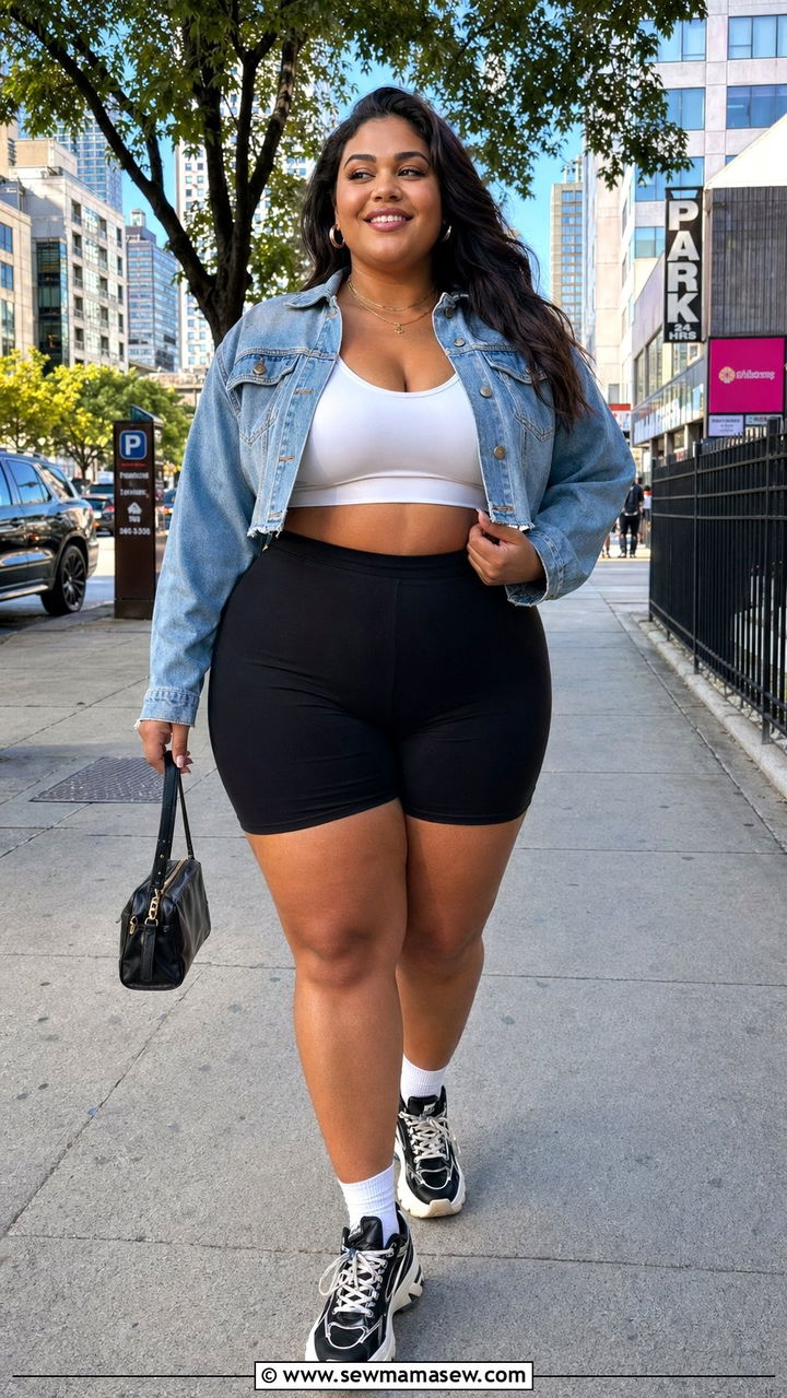 Biker Shorts With Cropped Denim Jacket - 35 Plus size workout outfit ideas