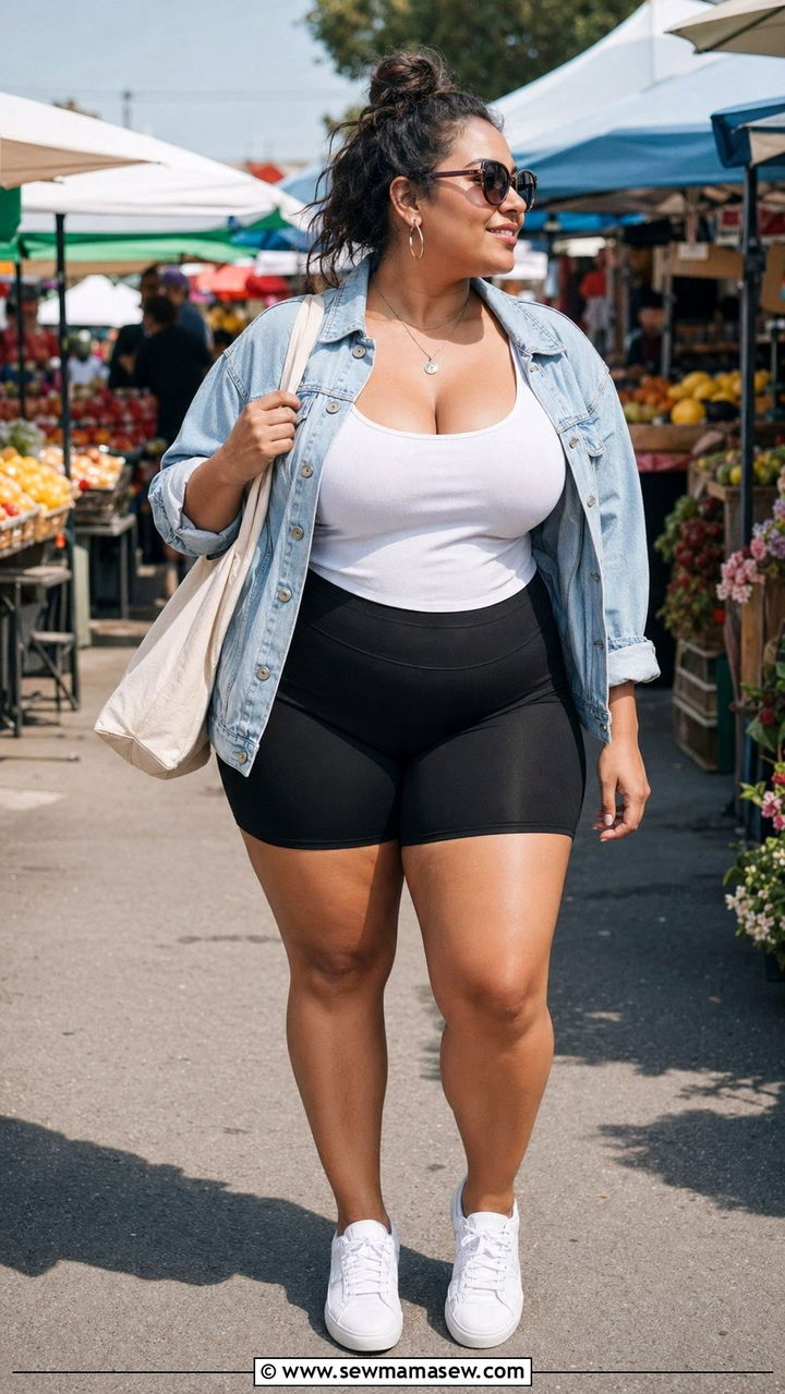 Biker Shorts With Loose Tank And Denim Jacket - 35 Plus size workout outfit ideas