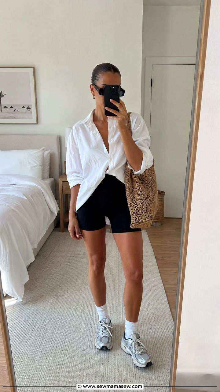 Biker Shorts With Oversized Button Down Shirt - 35 Sporty chic outfit ideas for errands