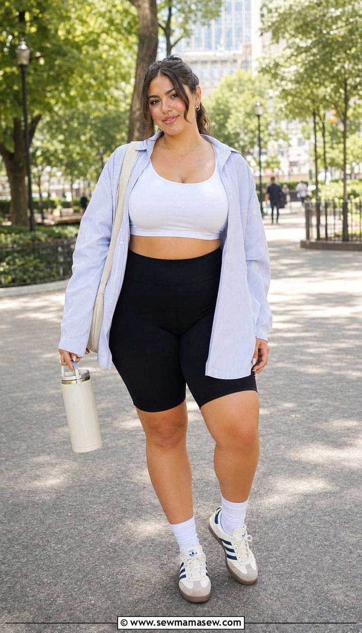 Biker Shorts With Oversized Button Down Shirt - 35 Plus size workout outfit ideas