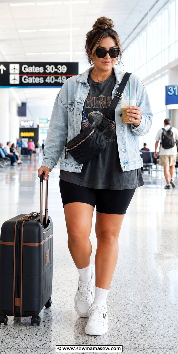 Biker Shorts With Oversized Tee And Denim Jacket - 30 Airport outfits plus size
