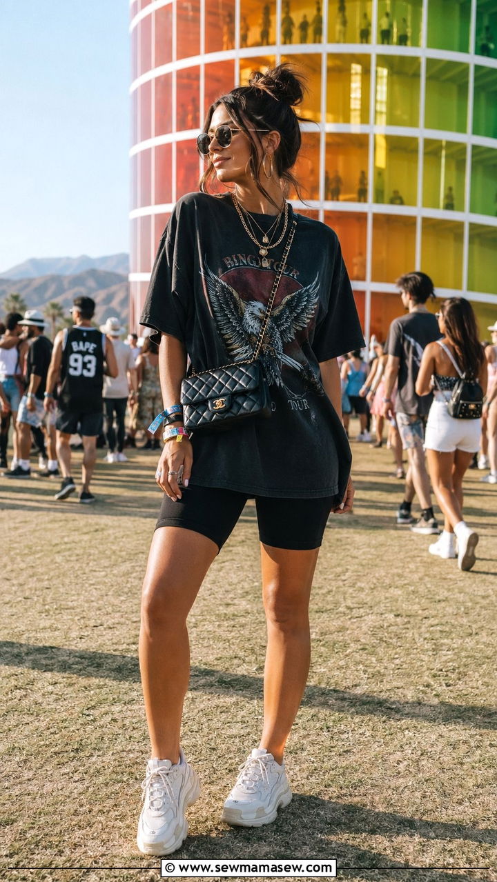 Biker Shorts with Oversized Graphic Tee and Chunky Sneakers - 30 What to wear to a summer festival