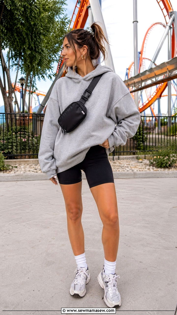 Biker shorts and hoodie for Six Flags - 35 Six Flags outfit ideas
