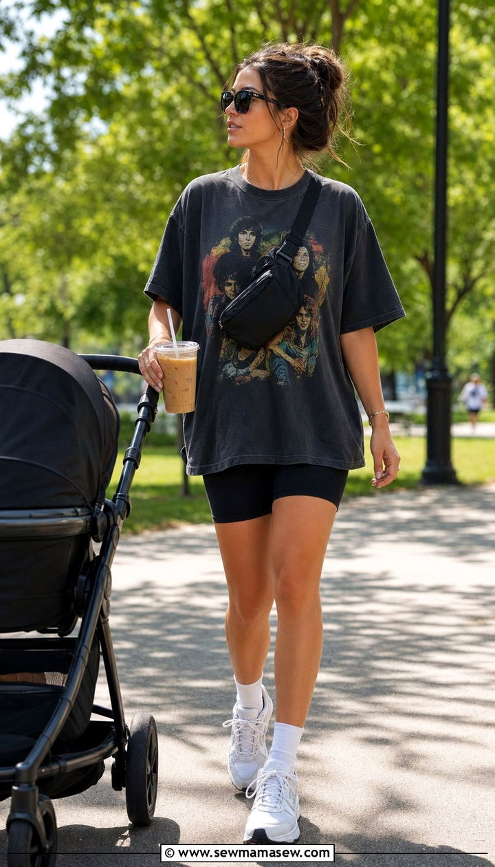 Biker shorts and oversized graphic tee outfit - 35 Outfit ideas for new moms