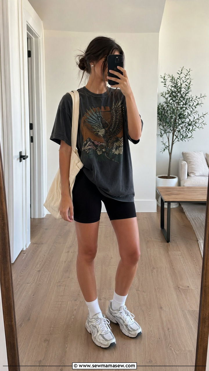 Biker shorts and oversized graphic tee outfit - 35 Clean girl summer outfits