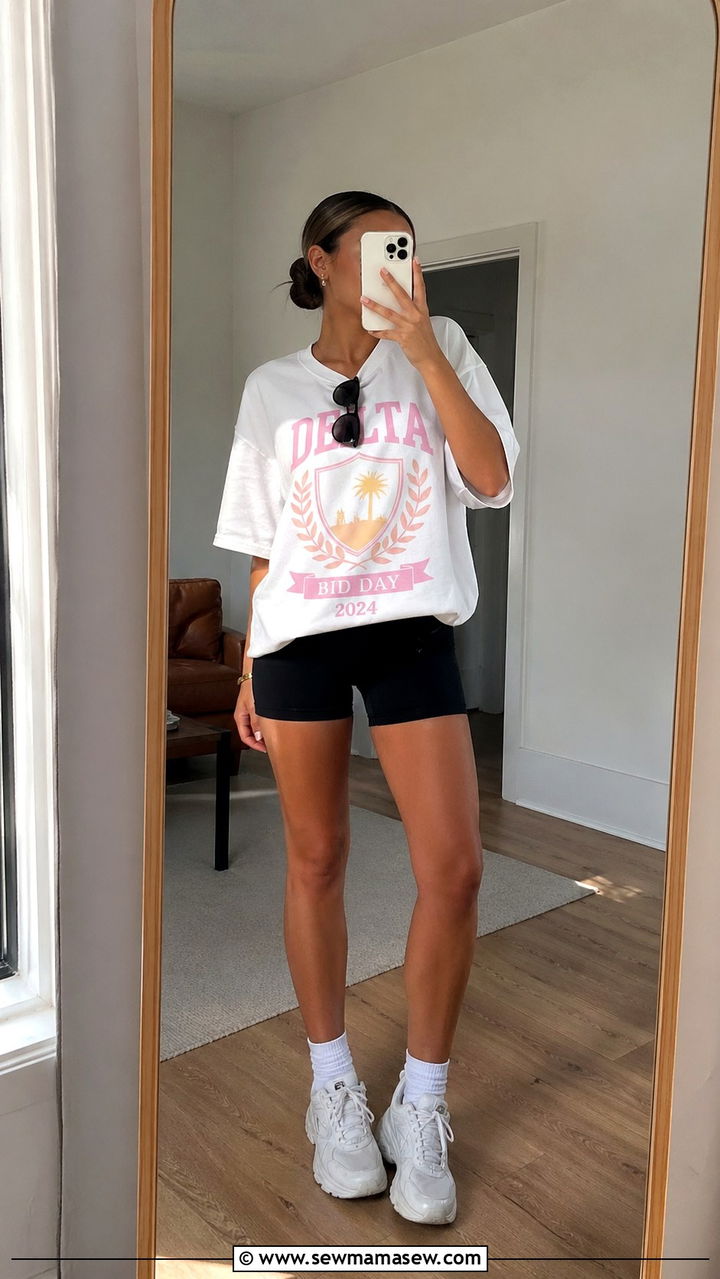 Biker shorts and oversized sorority tee outfit - 30 Sorority bid day outfit ideas