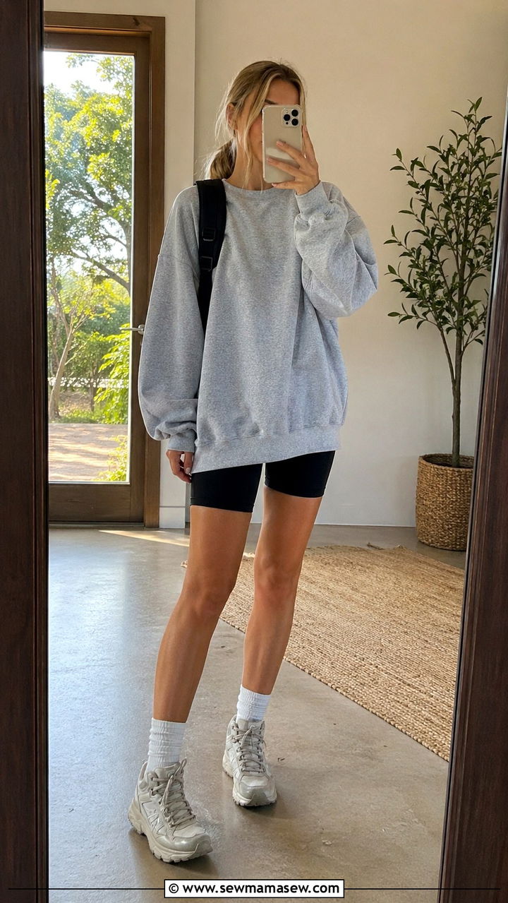Biker shorts and oversized sweatshirt spring hiking look - 30 Spring hiking outfits
