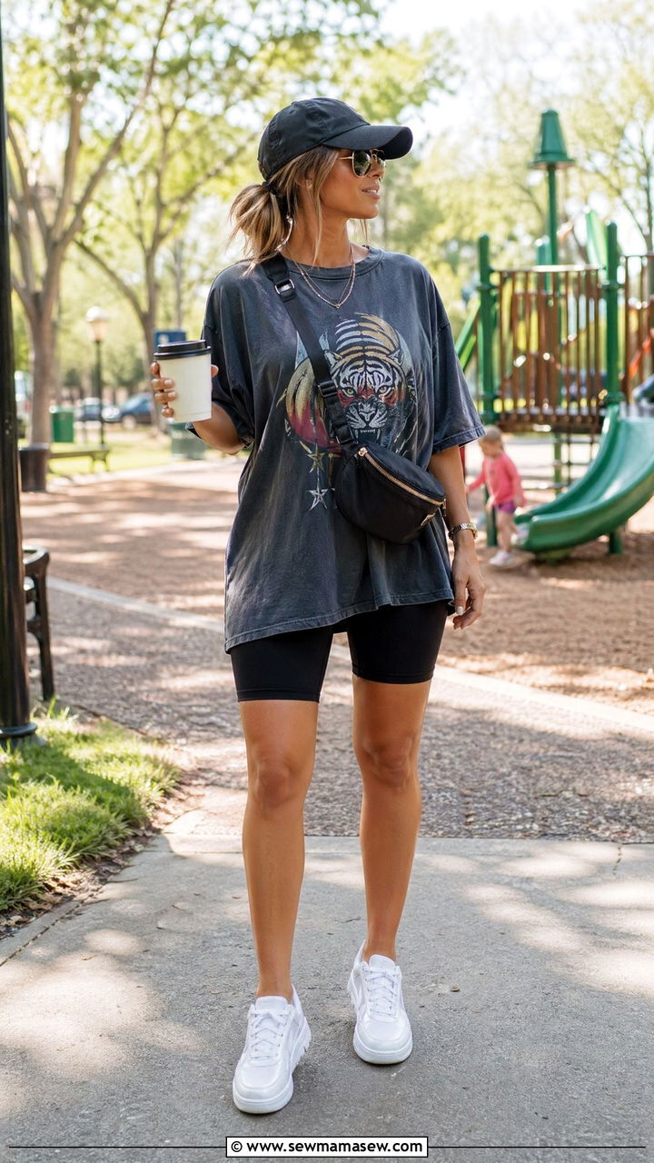 Biker shorts with oversized graphic tee - 35 summer outfits for moms