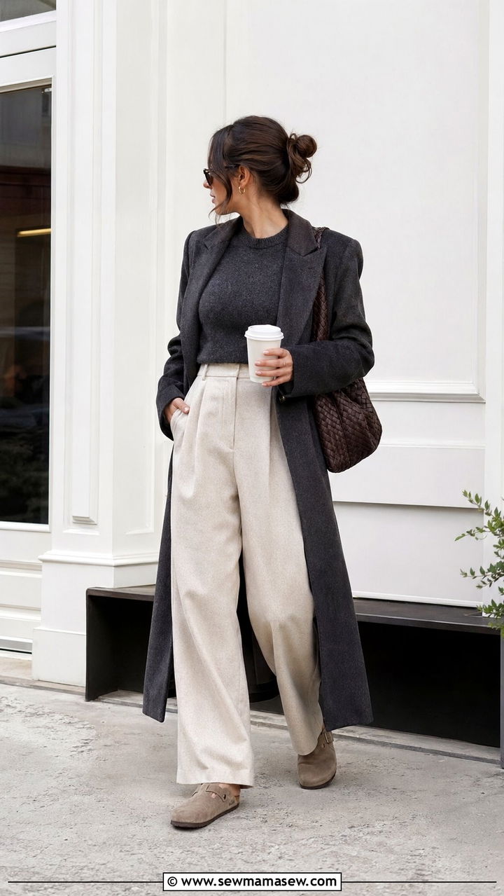 Birkenstock Boston Clogs with Wide Leg Trousers and Sweater - 35 Preppy outfit ideas