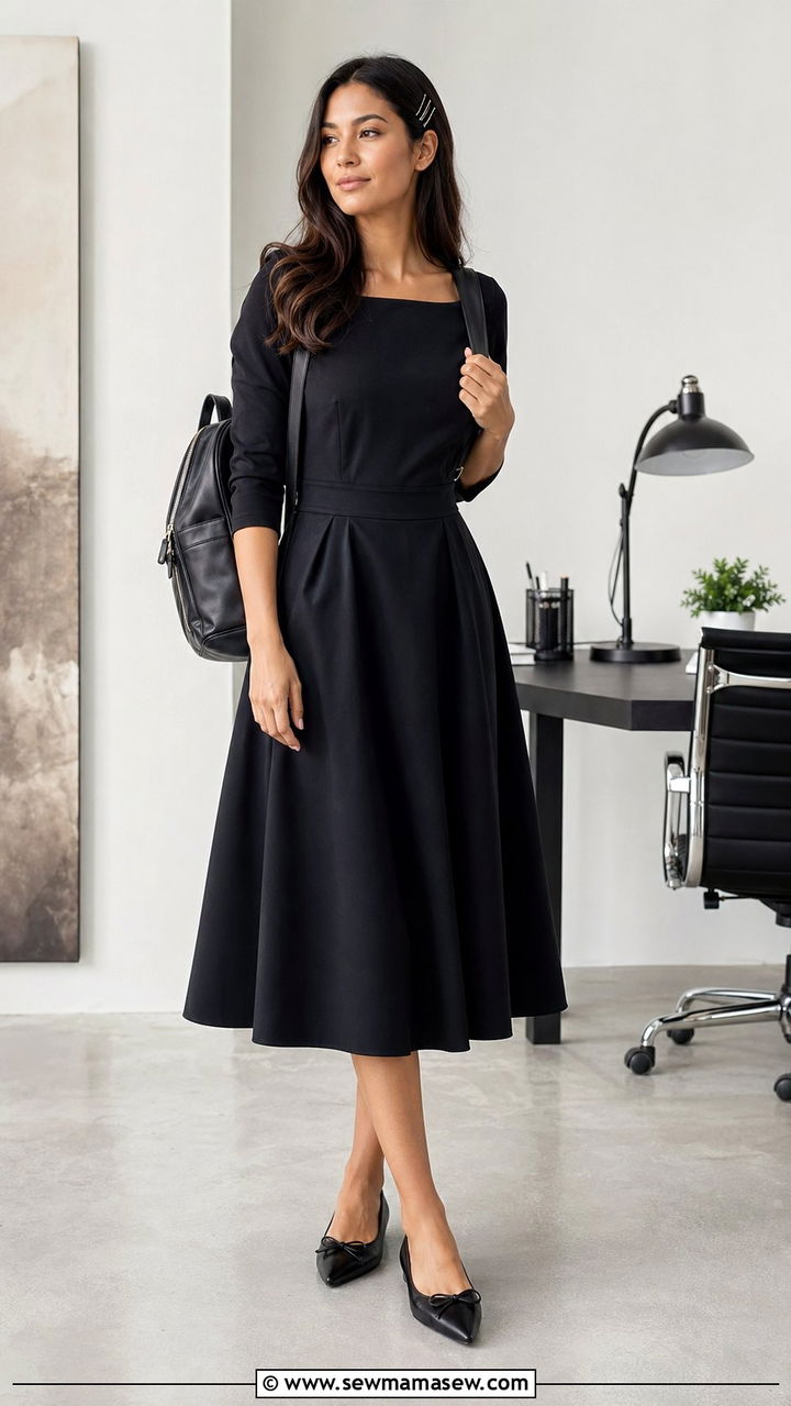 Black A Line Dress with Pointed Flats - 30 Black outfit ideas for work