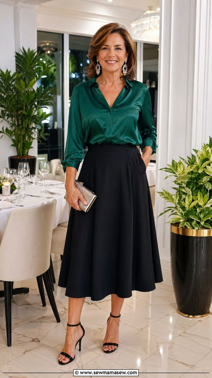 Black A line midi skirt with silk blouse - 35 Skirt outfit ideas for women over 50