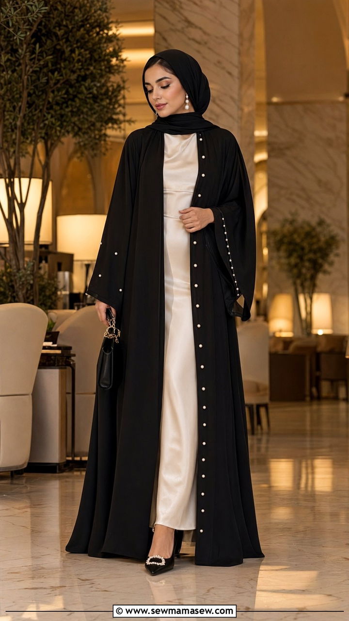 Black Abaya With Contrasting Satin Slip And Pearl Details - 35 Ramadan outfit ideas for women