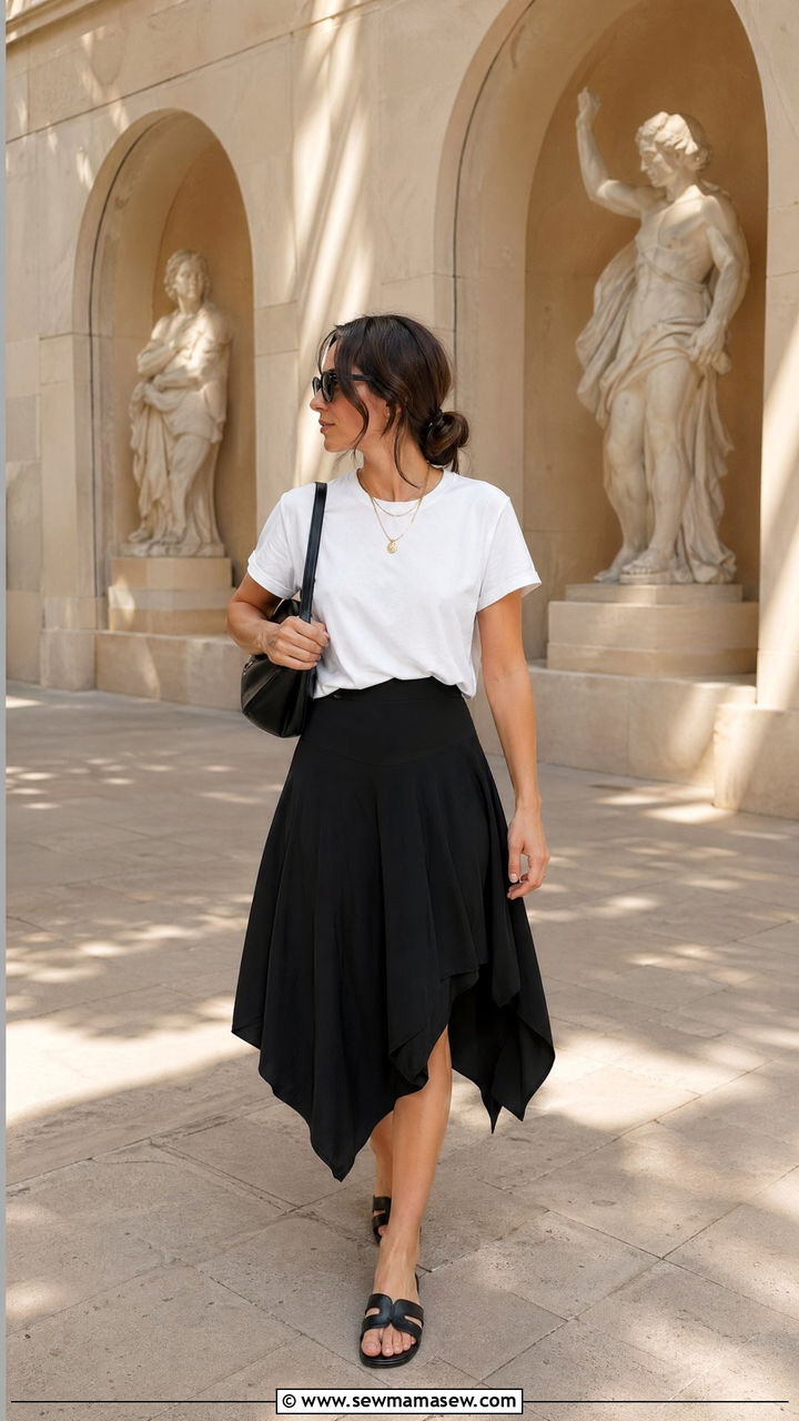 Black Asymmetrical Skirt With Tee - 35 Spring outfits in black