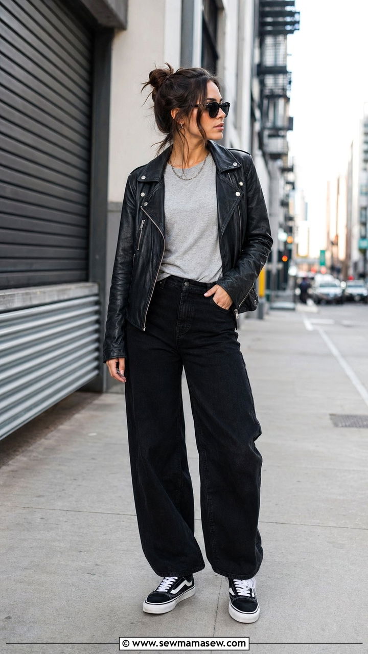 Black Barrel Jeans with Leather Jacket - 30 barrel jeans outfit ideas for women